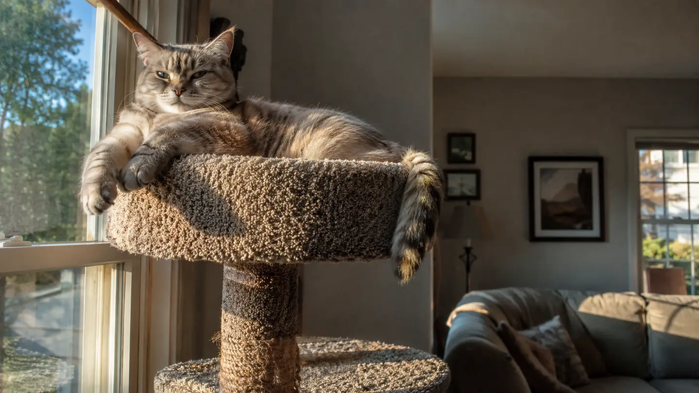 A plump older cat lounging stretched out on a soft top perch of a tall cat tree, looking down at the room below, late afternoon light