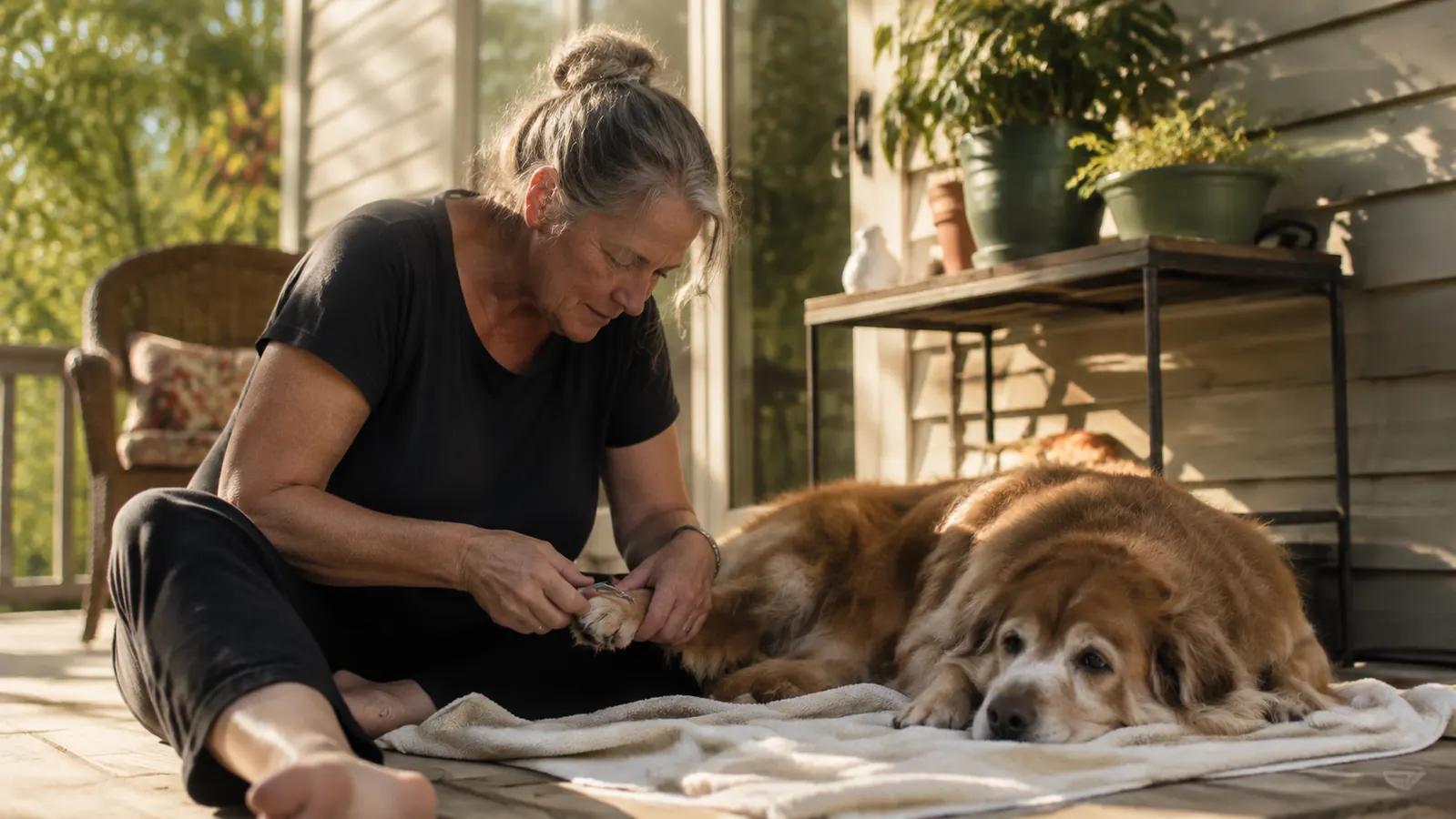 A senior woman trimming a patient dog's nails on a sunny back porch, the dog lying on a bath towel beside her