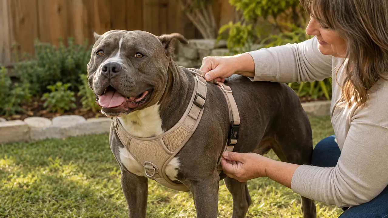 Hands adjusting a padded no-pull harness around a dog's shoulder before a walk in a sunny backyard