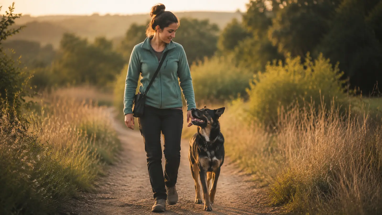 An owner and their dog walking side by side down a dirt path at golden hour, the dog staying calmly beside them