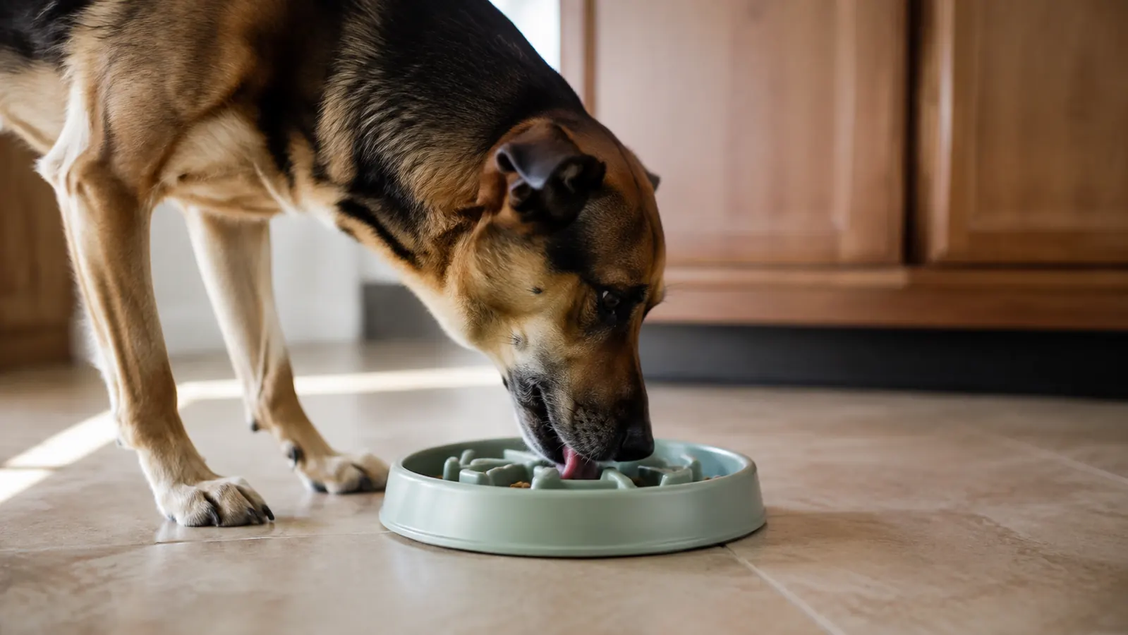 A dog working a meal out of a slow feeder bowl, tongue to the ridges, on the kitchen floor