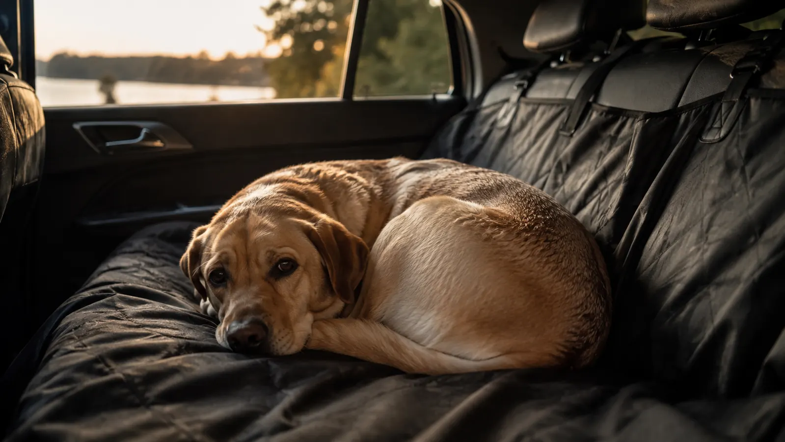 A tired dog curled comfortably on a covered back seat after a day out, soft evening light through the window