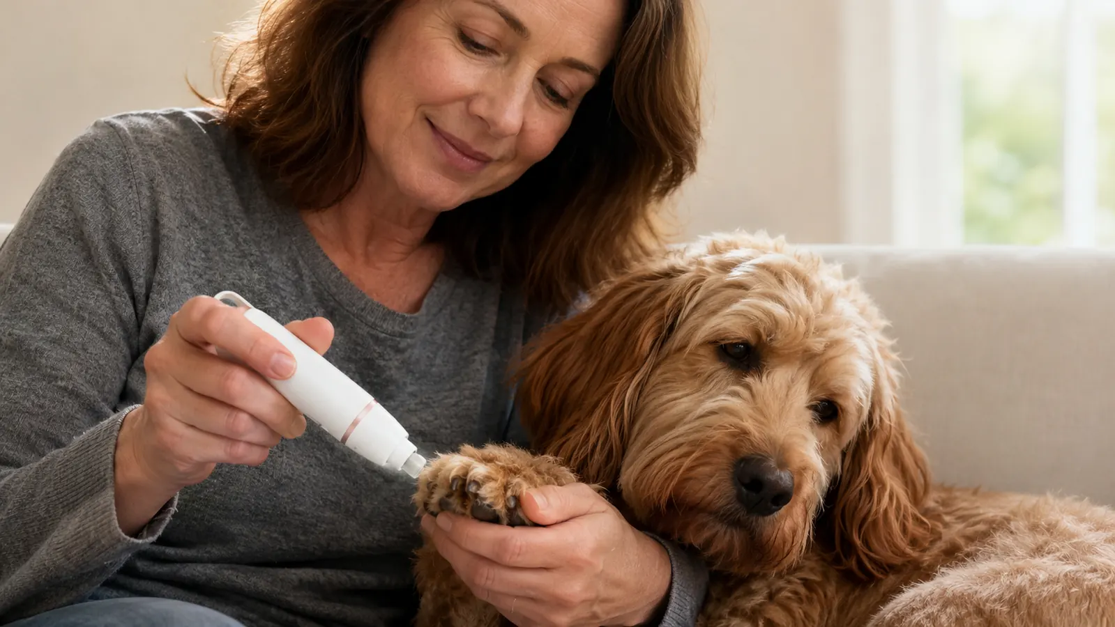 A hand holding an electric nail grinder to a dog's paw while the dog rests quietly