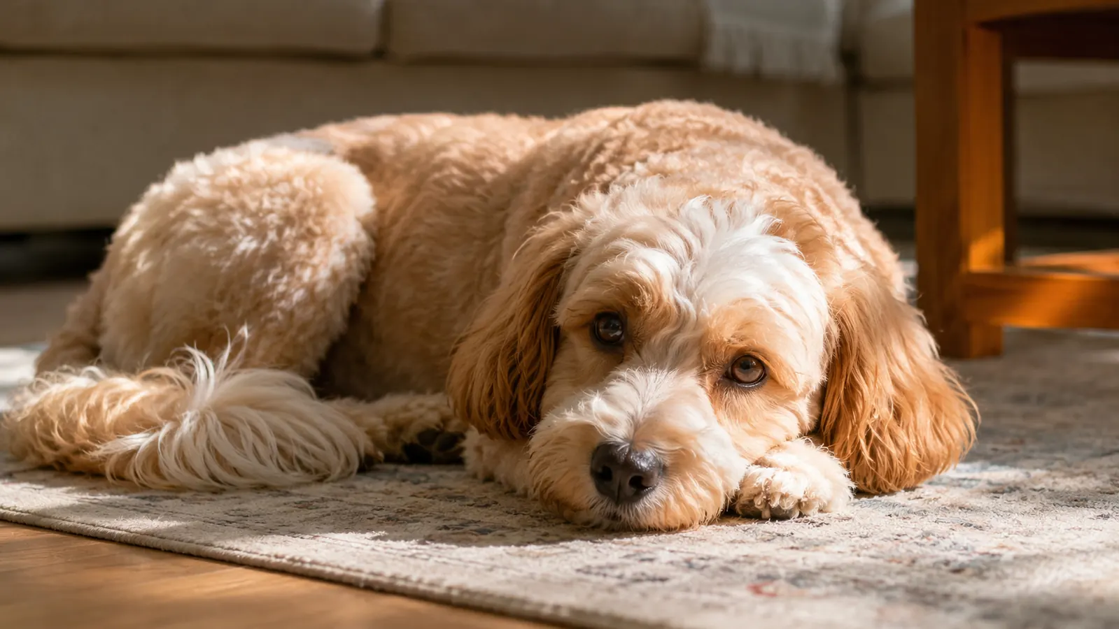 A contented dog resting its chin on its paws after a grooming session