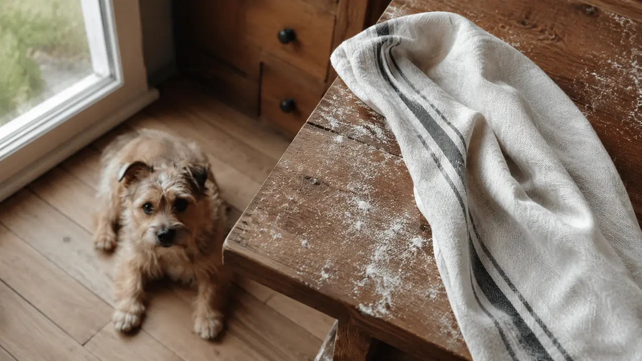 A clean kitchen towel on a tabletop with a thin line of pale dust across it, a small dog resting nearby