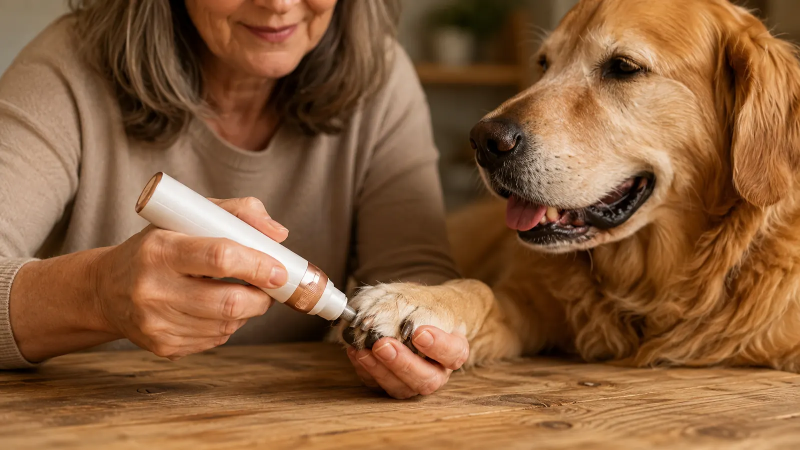 A small handheld grinder held near a dog's front paw with a wooden grooming table in the background