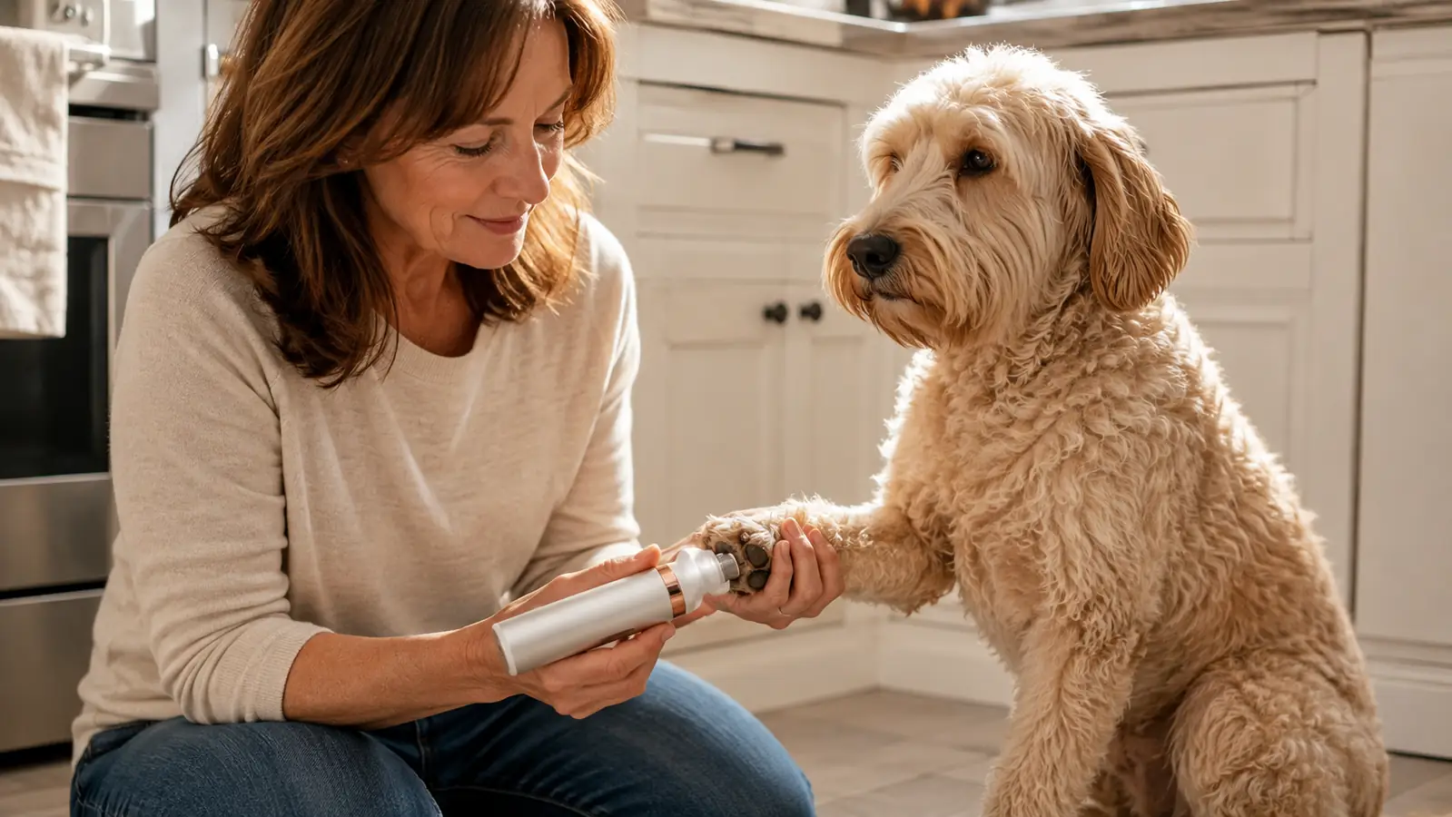 A hand holding the rechargeable nail grinder against a dog's paw while the dog sits calmly on a kitchen floor