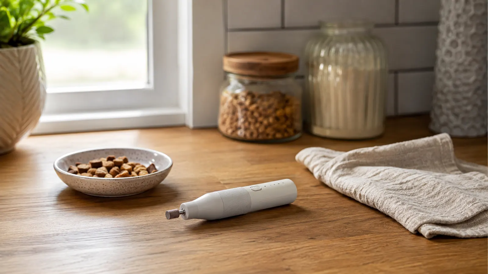 The rechargeable grinder resting on a kitchen counter beside a small dish of treat pieces and a soft cloth, daylight from a window