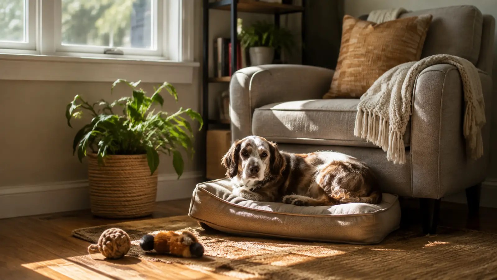 A cozy home corner with a dog curled on a cushion beside an armchair in warm morning light