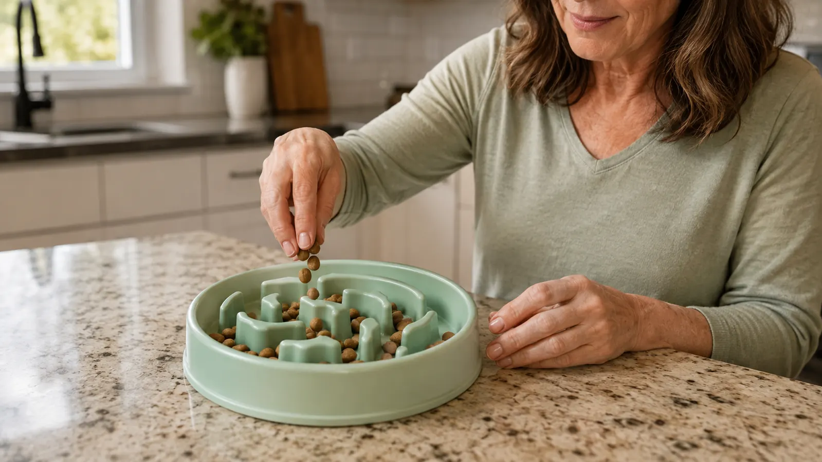 A hand sprinkling a few pieces of kibble into the grooves of a slow feeder bowl on a counter