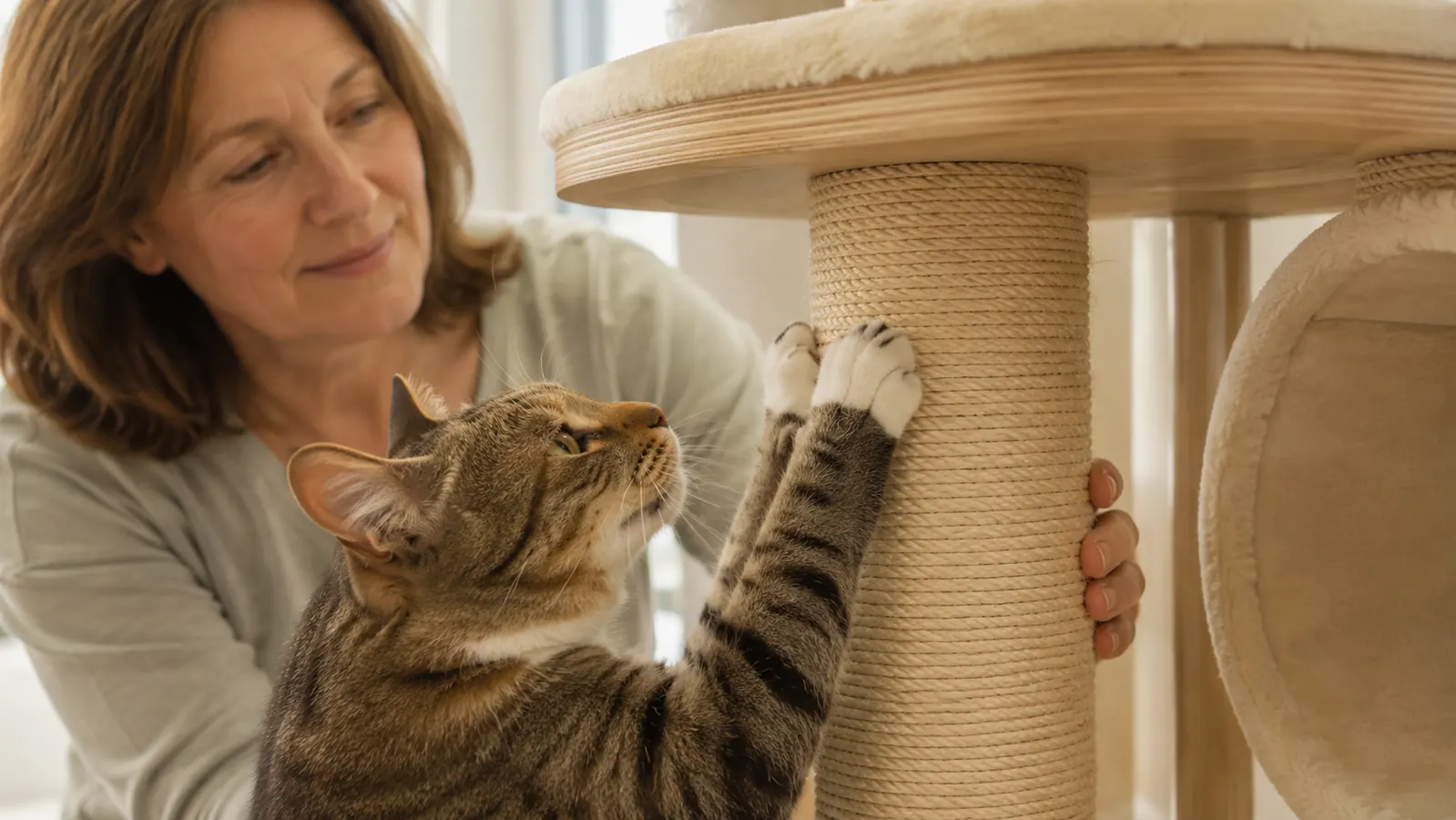 A close view of a cat's front paws gripping a rough sisal post as it scratches