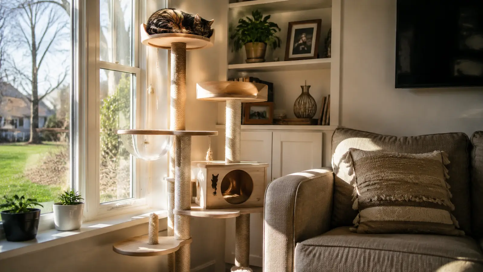 A tall cat tree placed by a picture window next to a fabric couch, with a cat napping on the top perch