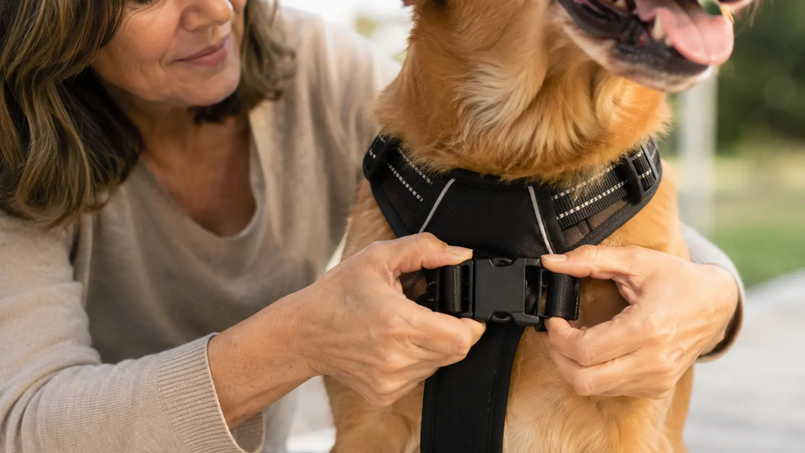 Close-up of a no-pull dog harness being buckled around a dog's chest, hands snugging the front strap