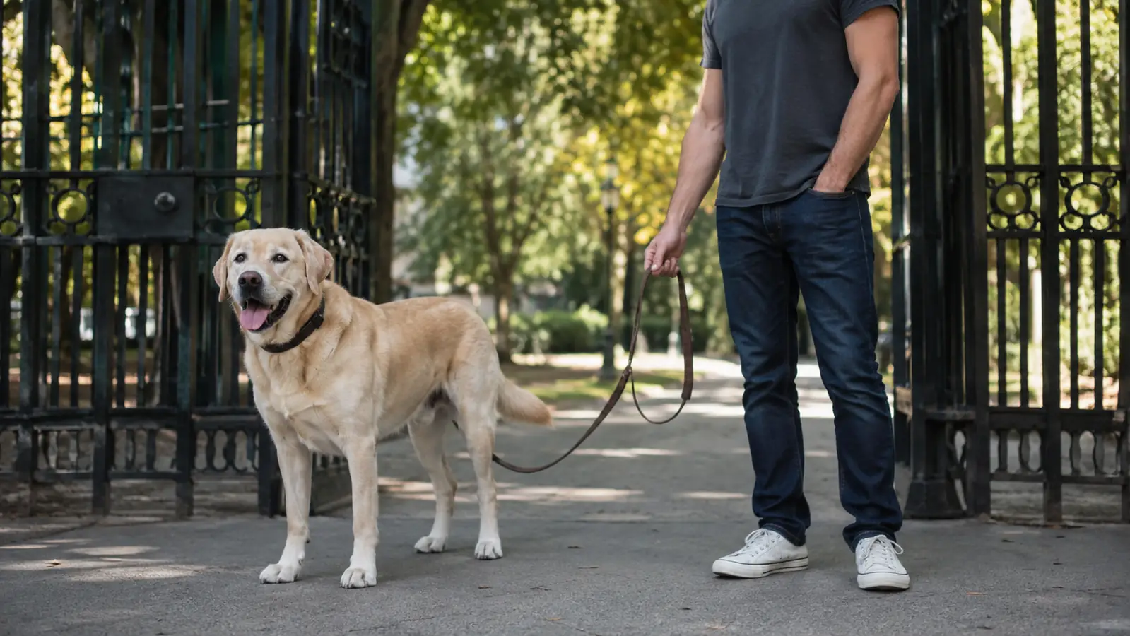 A dog standing calmly on a sidewalk with a slack, drooping leash held by its owner, in front of a park gate