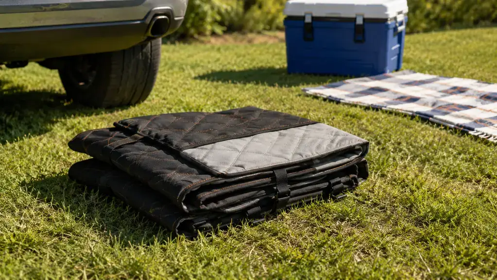 A folded waterproof dog seat cover lying on the grass beside a car with a picnic in the background, ready for a day out