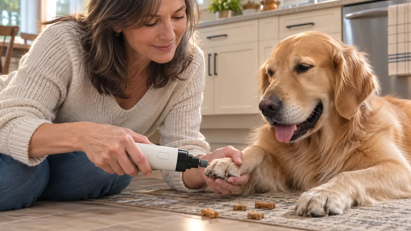 A hand holding a small electric dog nail grinder against the front paw of a dog lying calmly on a kitchen floor, with a few training treats beside the paw