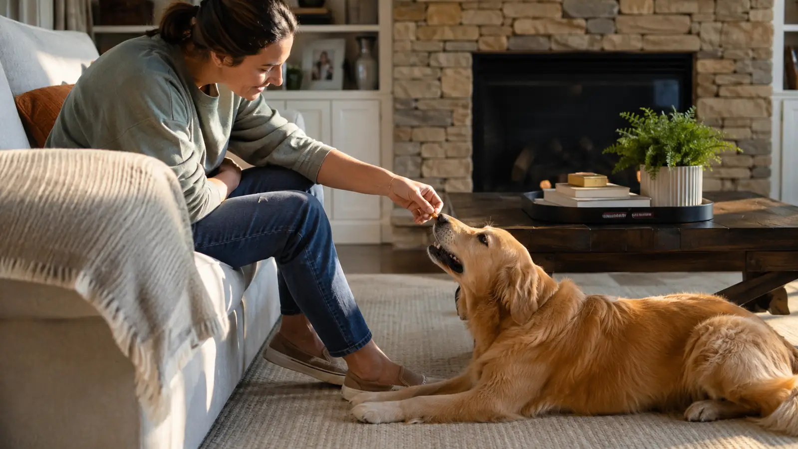 A person on a sofa giving a happy dog a small treat after trimming its nails, cozy living room with afternoon light