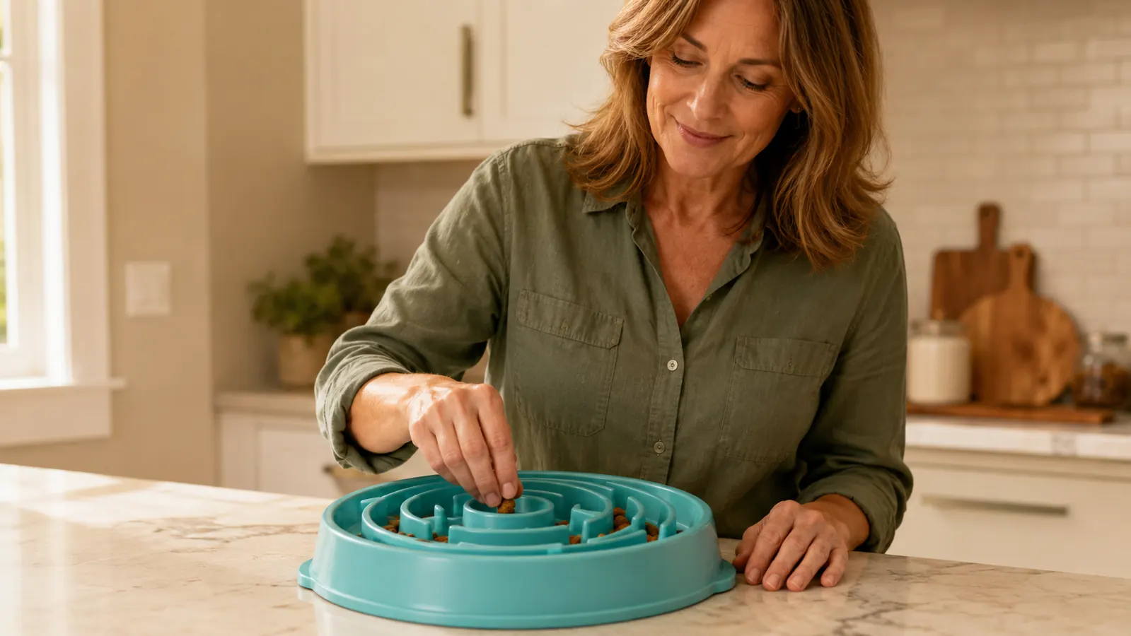 a hand setting a portion of food into the interior channels of the slow feeder bowl on a kitchen counter