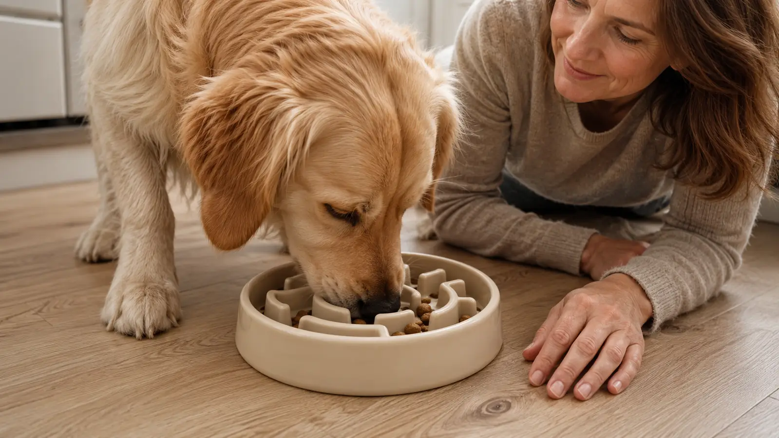 A dog pressing his nose into a slow feeder bowl, lapping kibble out of the maze ridges as a person watches
