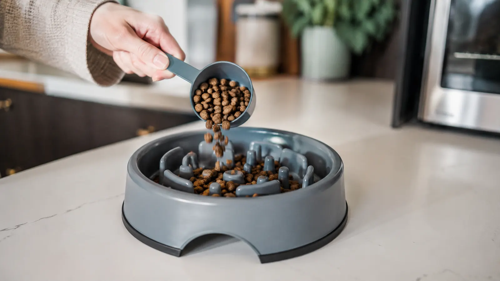 A hand pouring a scoop of kibble into an open slow feeder bowl on a bright kitchen counter