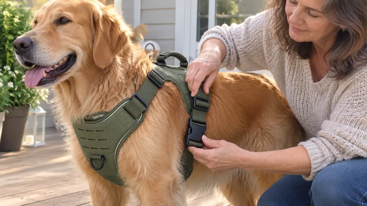 Hands adjusting the padded straps of a no-pull harness on a large dog standing calmly on a porch