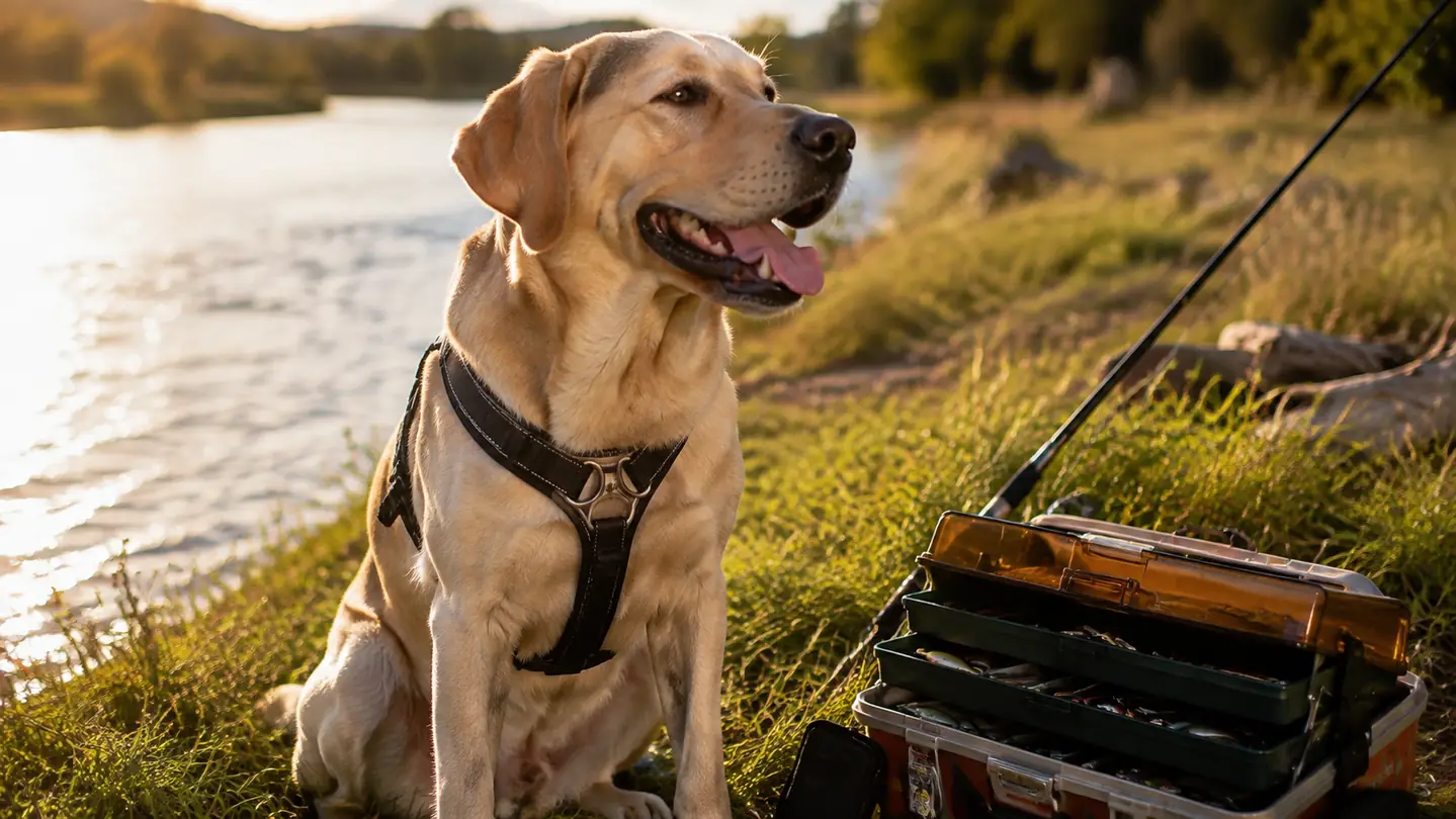 A large dog wearing a no-pull harness sitting on a grassy riverbank beside a tackle box in late afternoon light