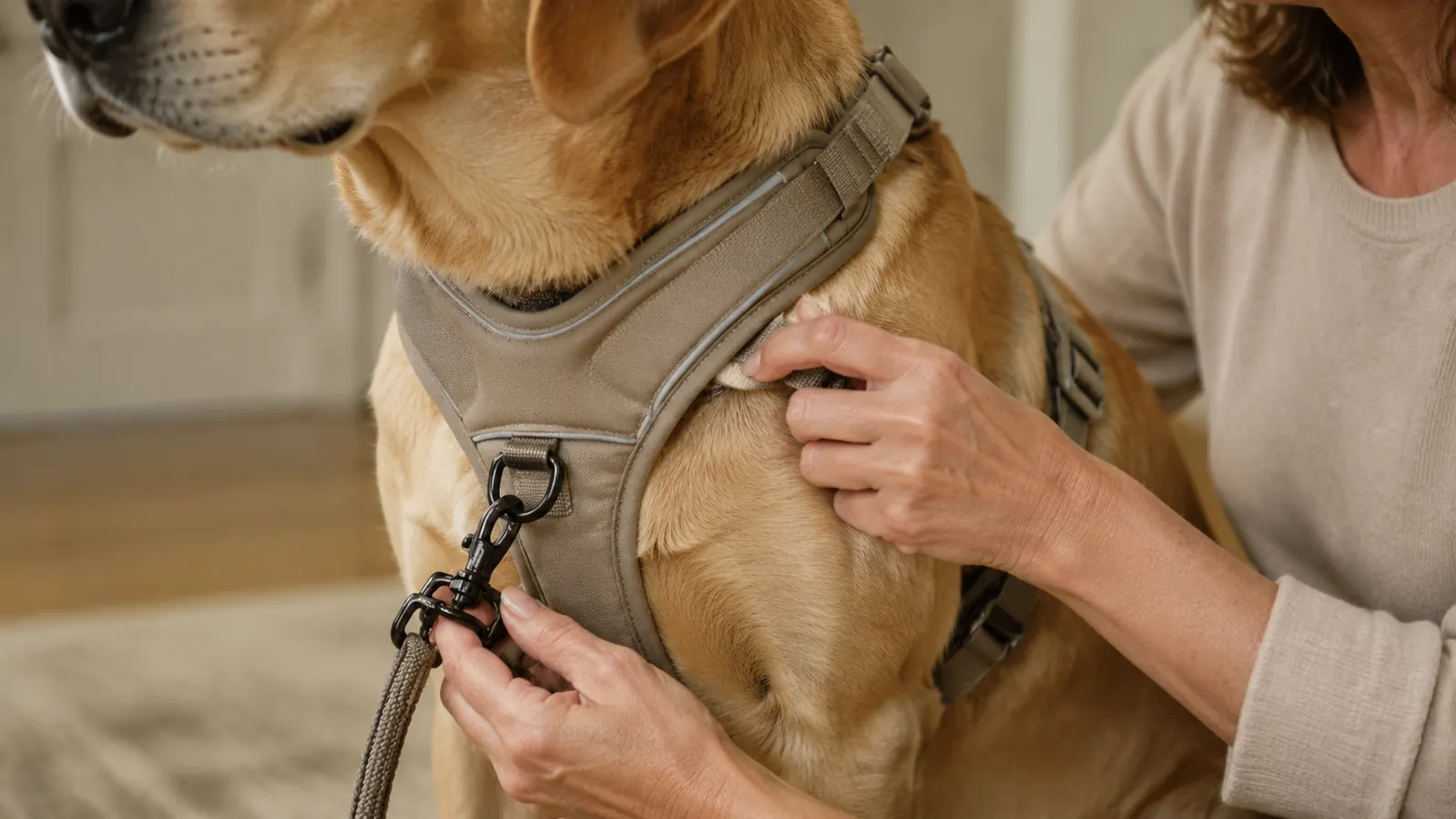 A hand closing the front leash clip into the chest ring of a padded dog harness while a large dog stands calmly