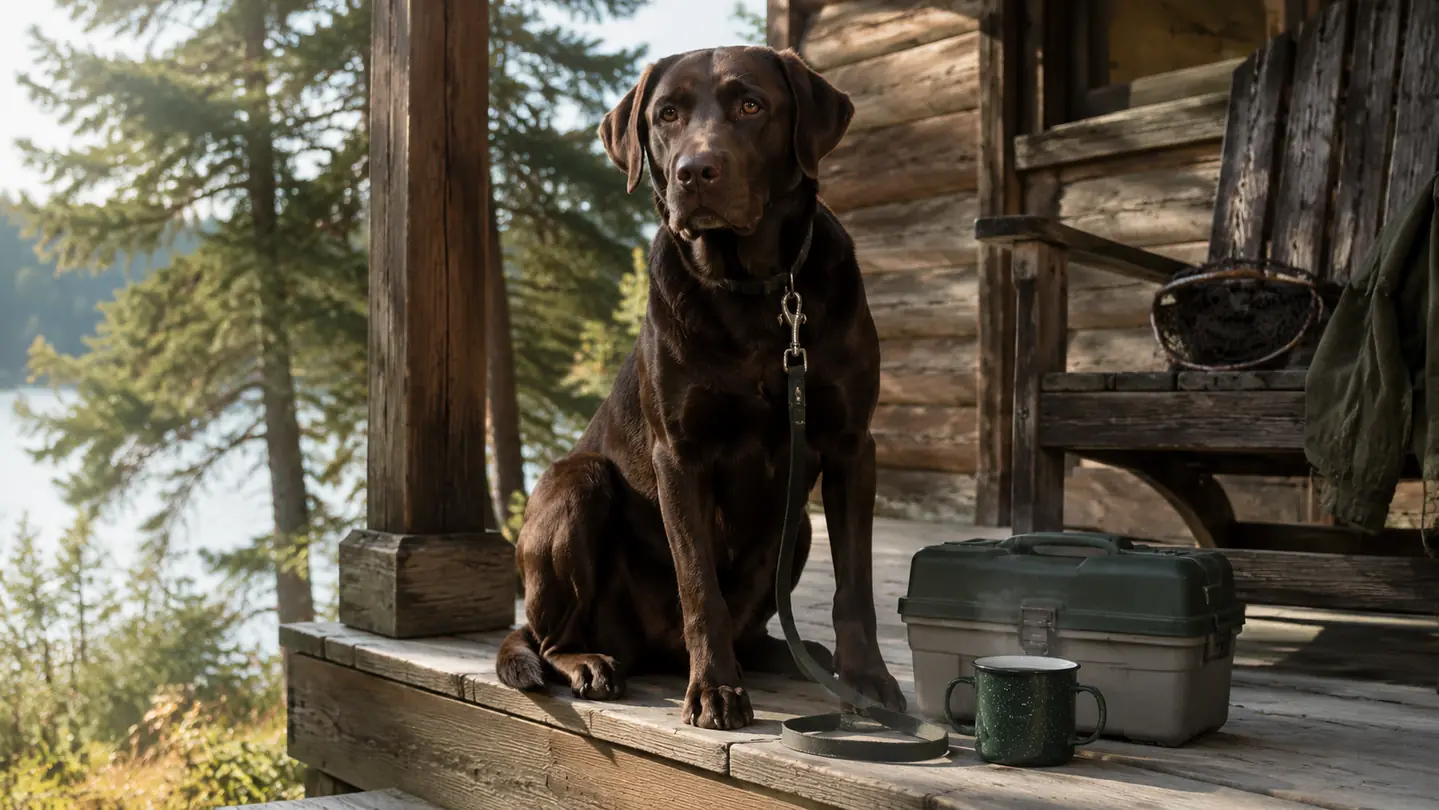 A large calm dog sitting beside a porch with a fishing tackle box nearby, the leash slack and relaxed, soft morning light