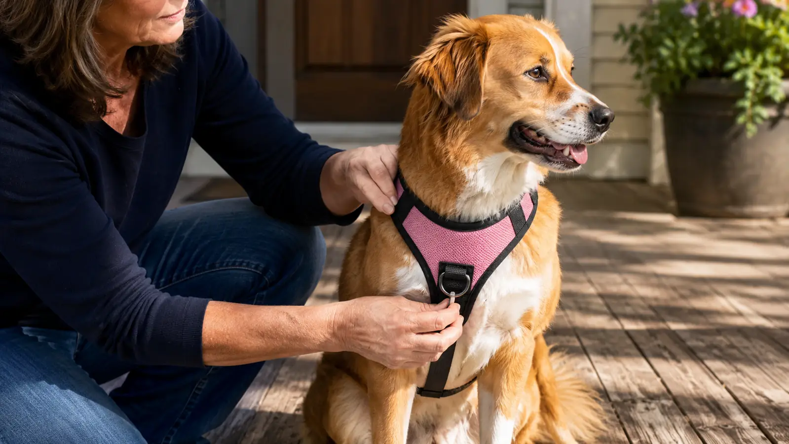 A hand adjusting the front chest strap of a dog harness while the dog sits patiently on a porch