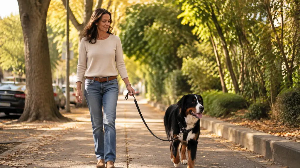 A person walking a large dog on a leash clipped to the front of the harness, both moving at an easy pace down a tree-lined street