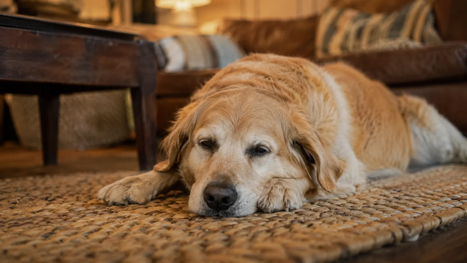 A happy dog lying on a rug with its head on its paws, relaxed and full after finishing a slow meal