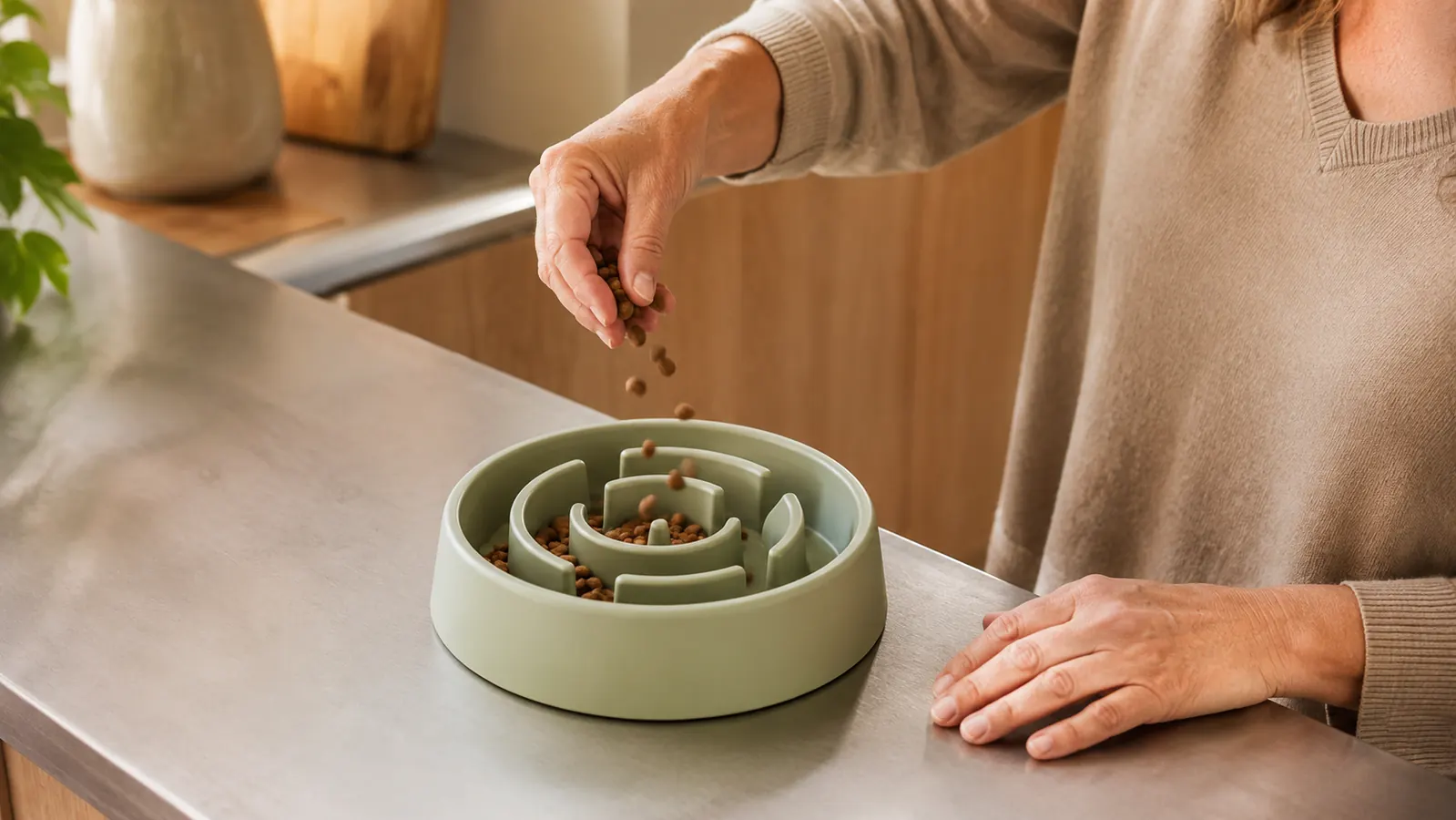 A hand sprinkling a small scoop of kibble into the grooves of the maze-style slow feeder bowl on a kitchen counter.