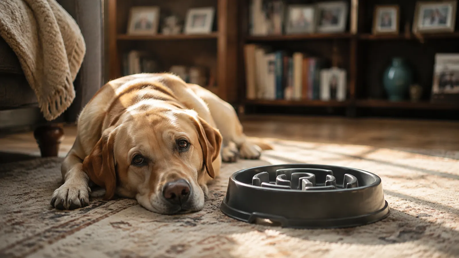 A content dog lying on a rug beside an empty bowl after finishing a calm meal, late afternoon light.