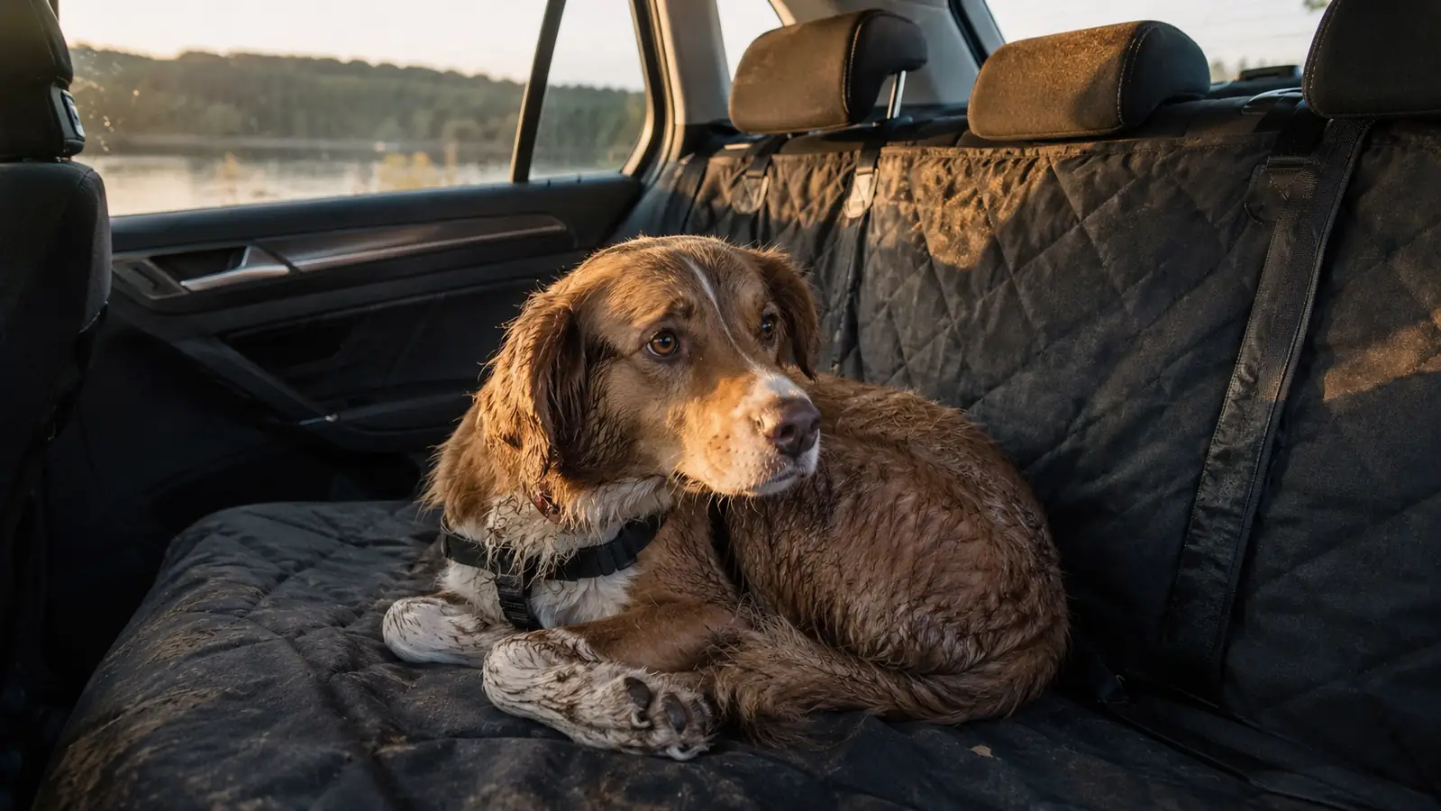 A tired, slightly muddy dog resting on a covered back seat after a day out, soft evening light