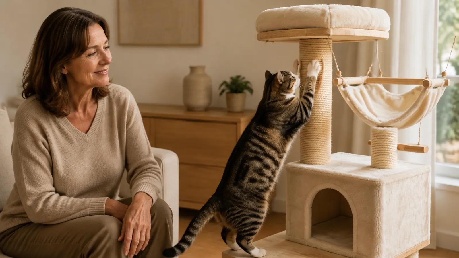 A cat reaching up to scratch a sisal-wrapped post on the tall cat tree, frozen mid-scratch
