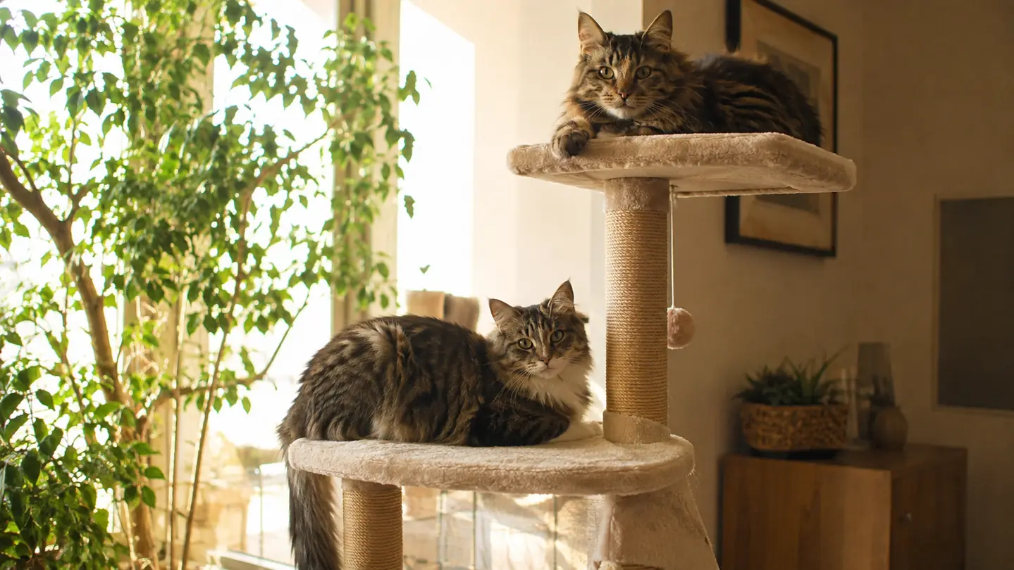 Two cats resting together on different cushioned levels of the tall cat tree in a sunlit room