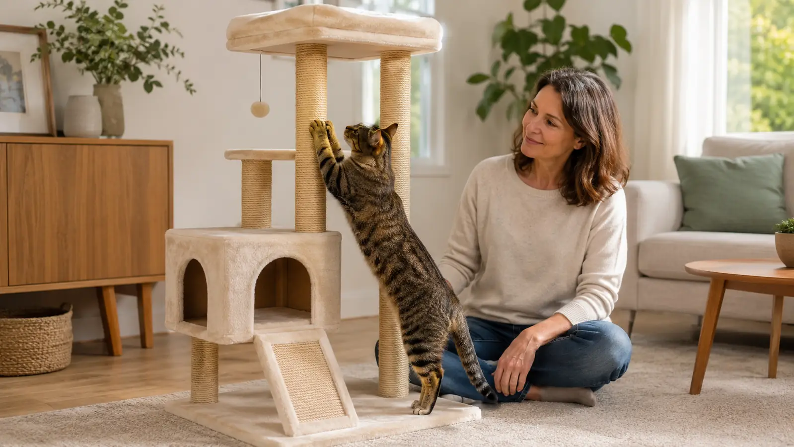 A cat clawing the sisal post of a cat tree while a person watches, in a home living room
