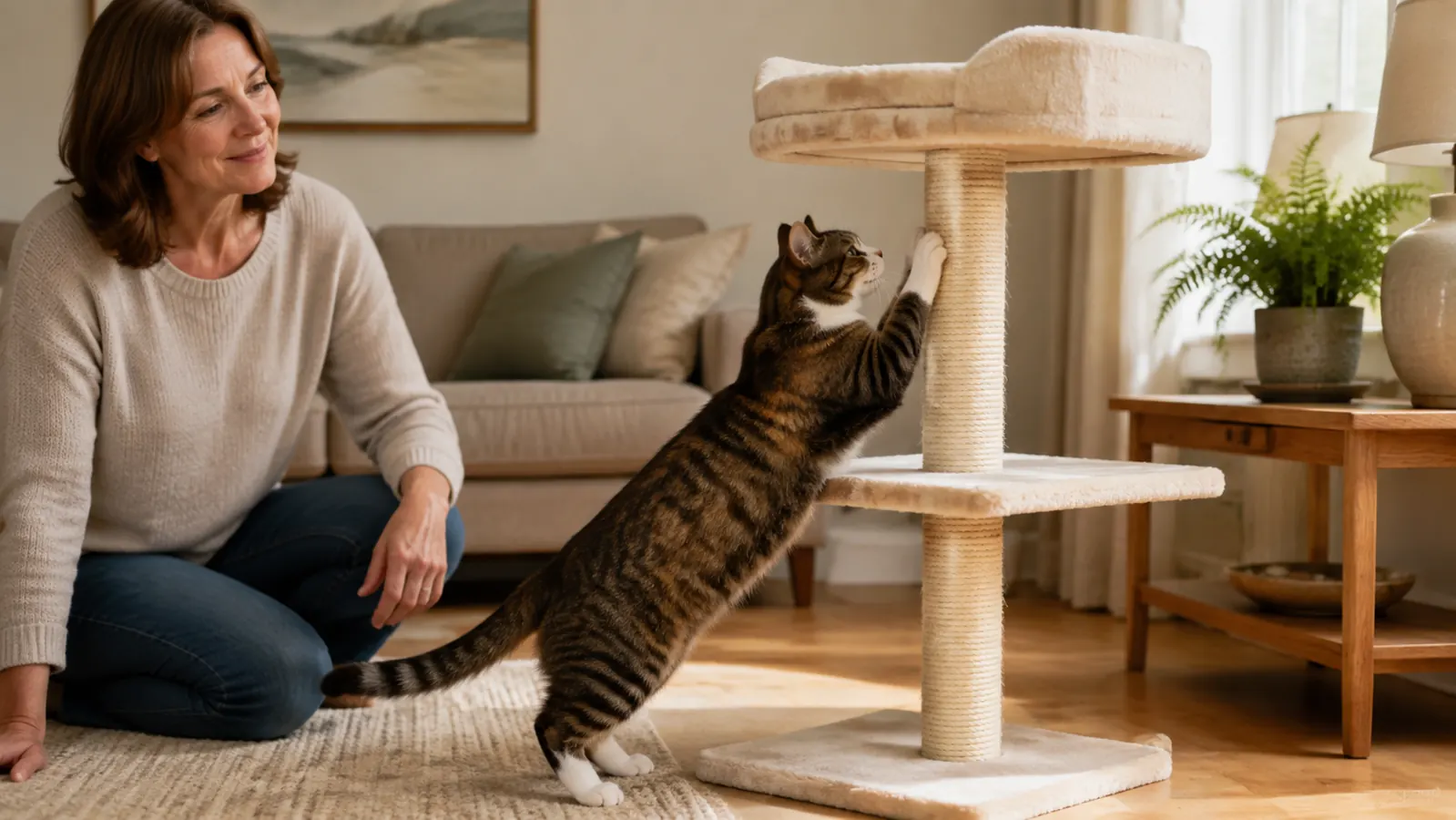 A cat standing on its hind legs stretching up against the sisal-wrapped scratching post of a cat tree in a living room